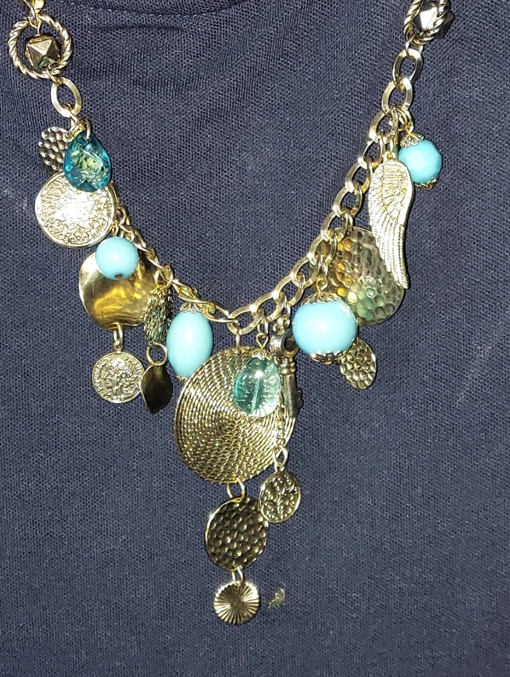 Vintage Gold Chain Necklace with Turquoise Beads - Women Jewelry